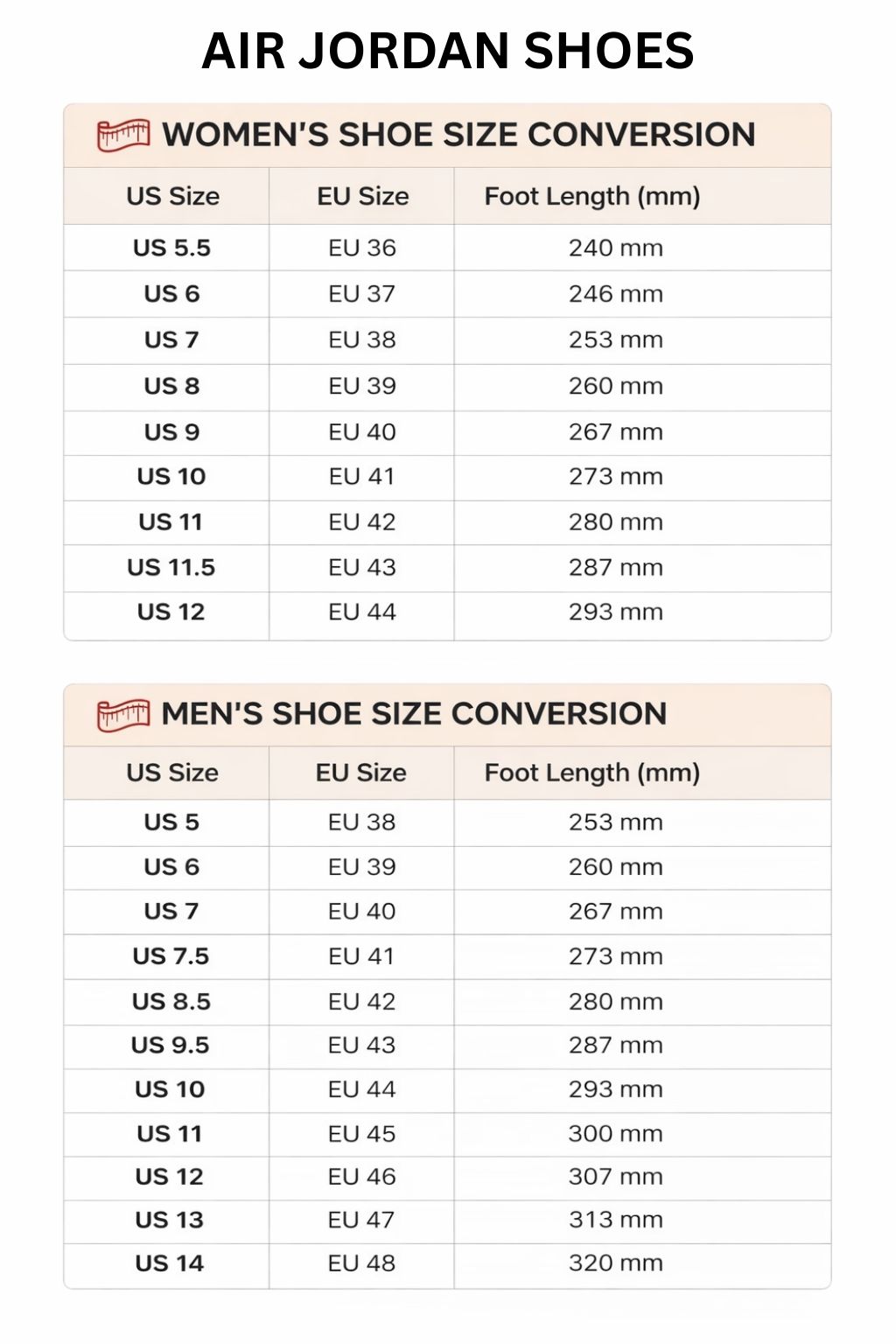Air Jordan High Low Top Shoes Size Chart 2 - Jujutsu Kaisen EU Store