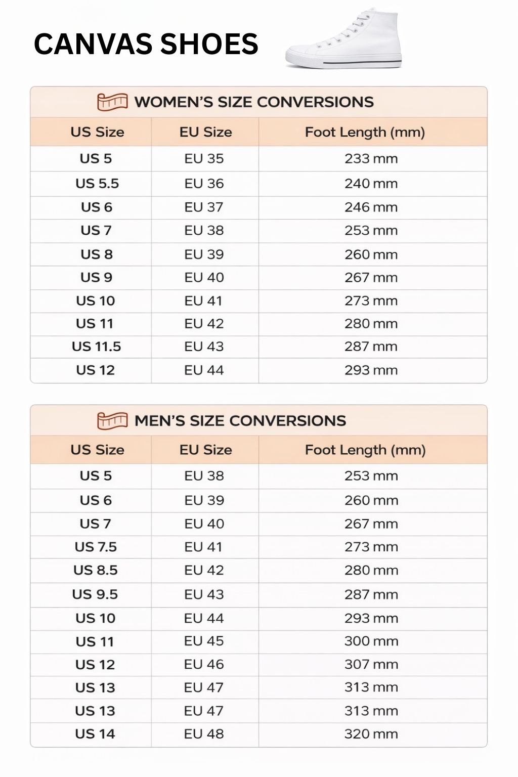 High Top Canvas Shoes Size Chart - Jujutsu Kaisen EU Store